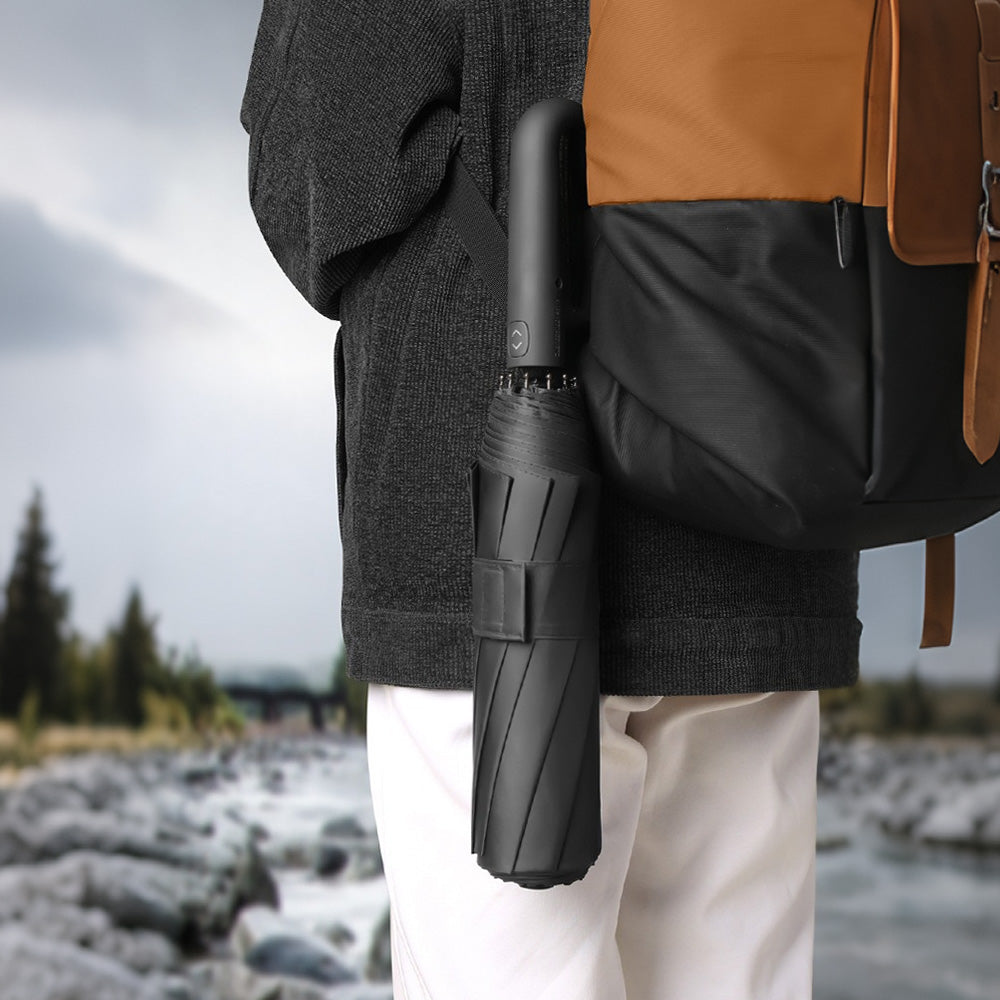 Automatic 10-Rib Folding Umbrella with Carabiner Handle Windproof