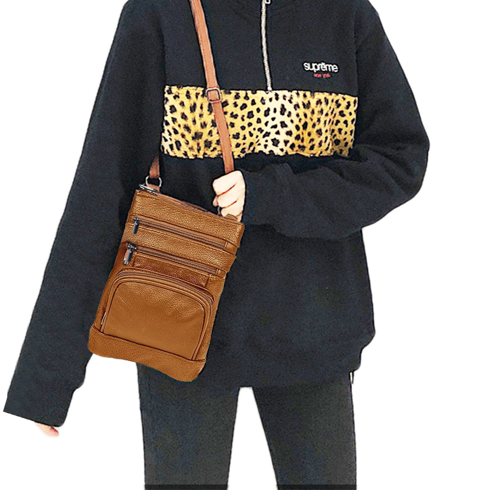 Womens Genuine Leather Multi-Pocket Crossbody Purse Bag