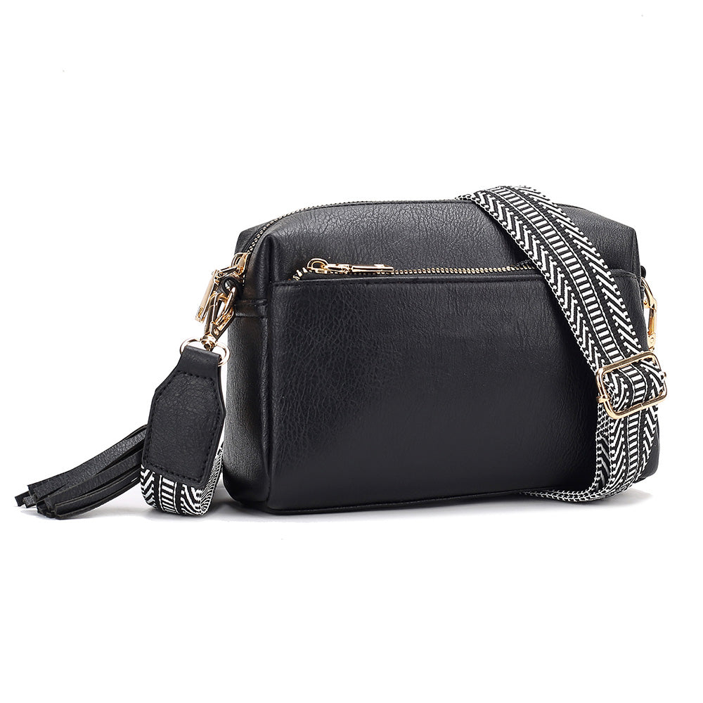 Womens Crossbody Bag with Triple Zipper - PU Leather Shoulder Bag with Adjustable Guitar Strap