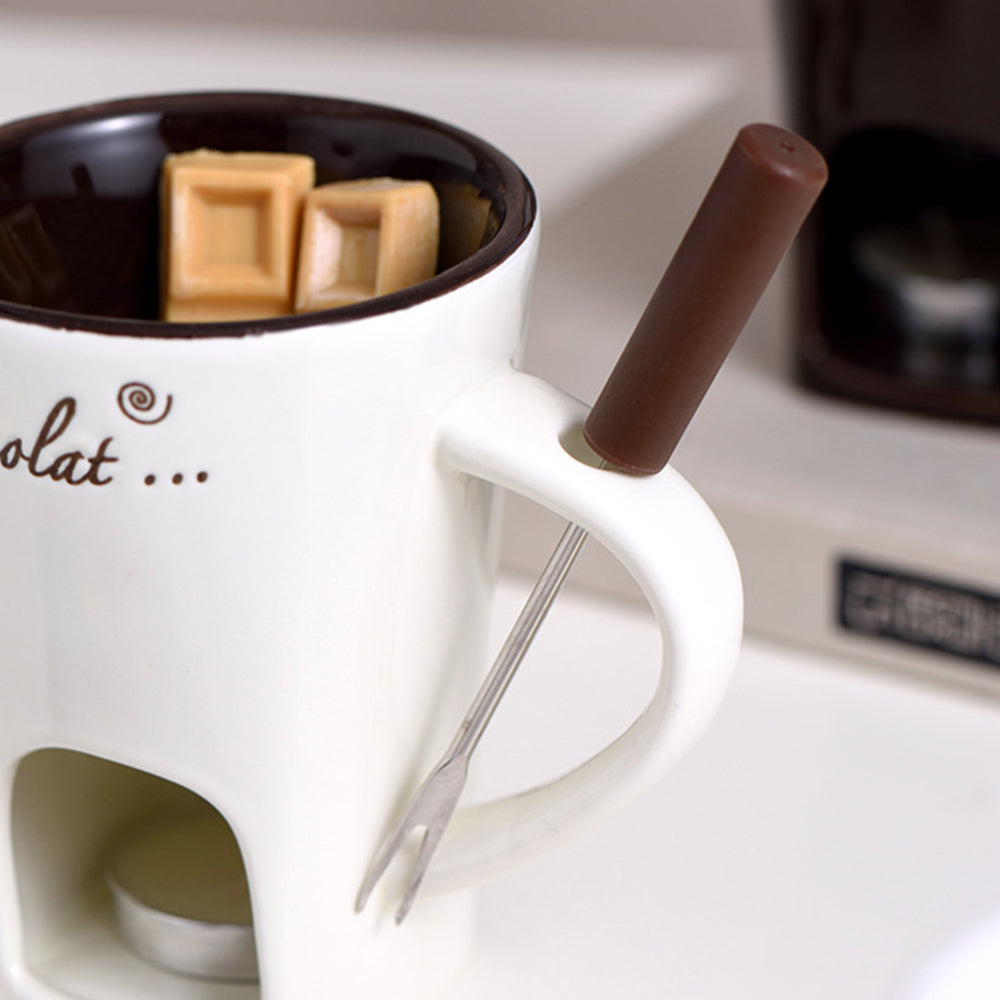 Fondue Mug Set Porcelain Chocolate Melting Cup with Fork
