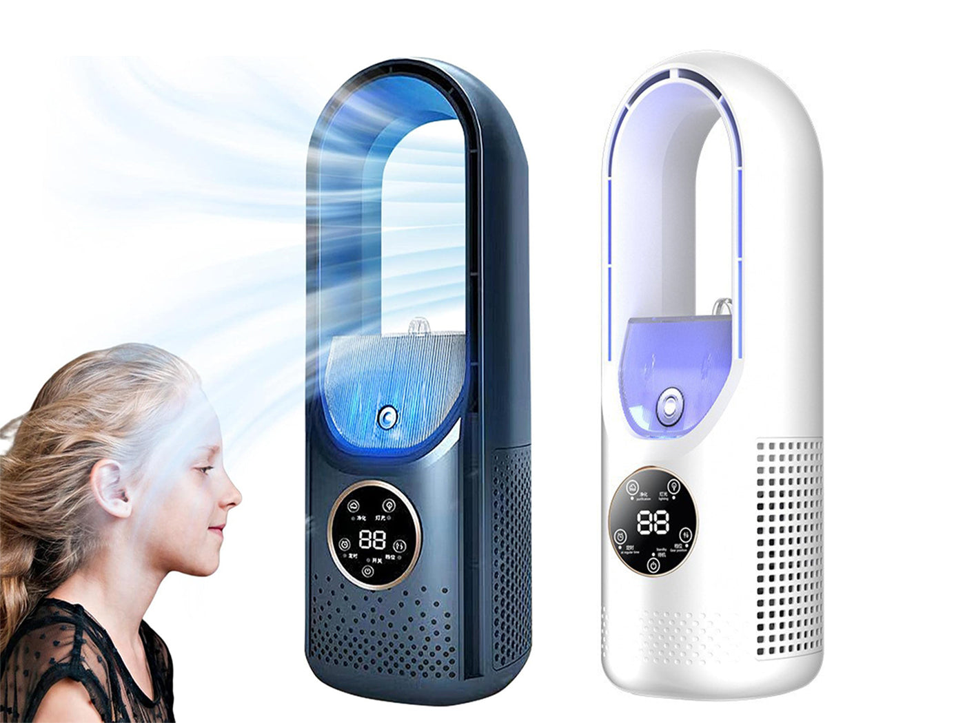 Desk Bladeless Fan with Humidifier USB-Powered Portable Air Conditioner Fan with LED Display