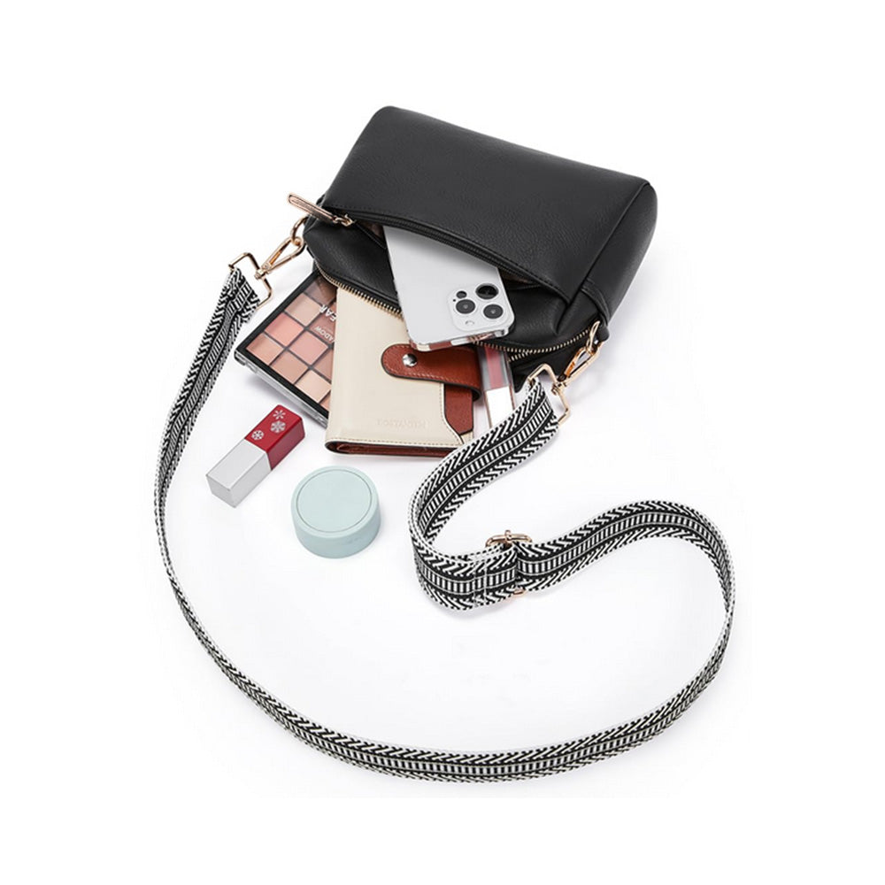 Womens Crossbody Bag with Triple Zipper - PU Leather Shoulder Bag with Adjustable Guitar Strap