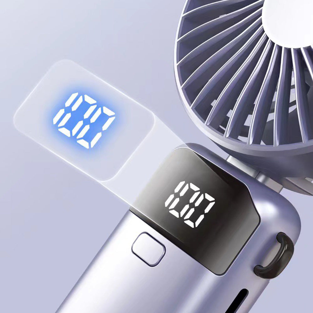 Digital Display Handheld Fan with 5 Speeds USB Portable Fan with Lanyard and Phone Holder Base