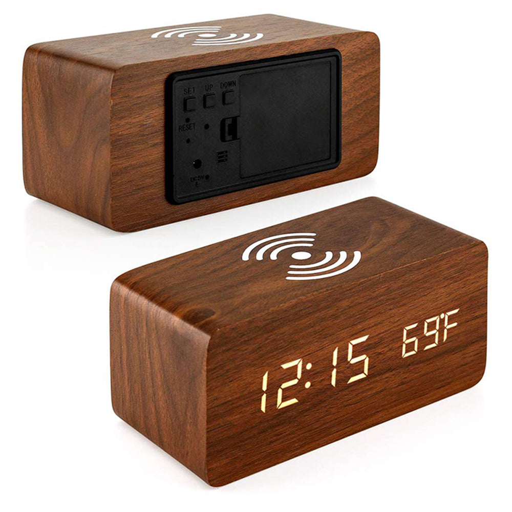 Wooden Digital Alarm Clock with Wireless Charger