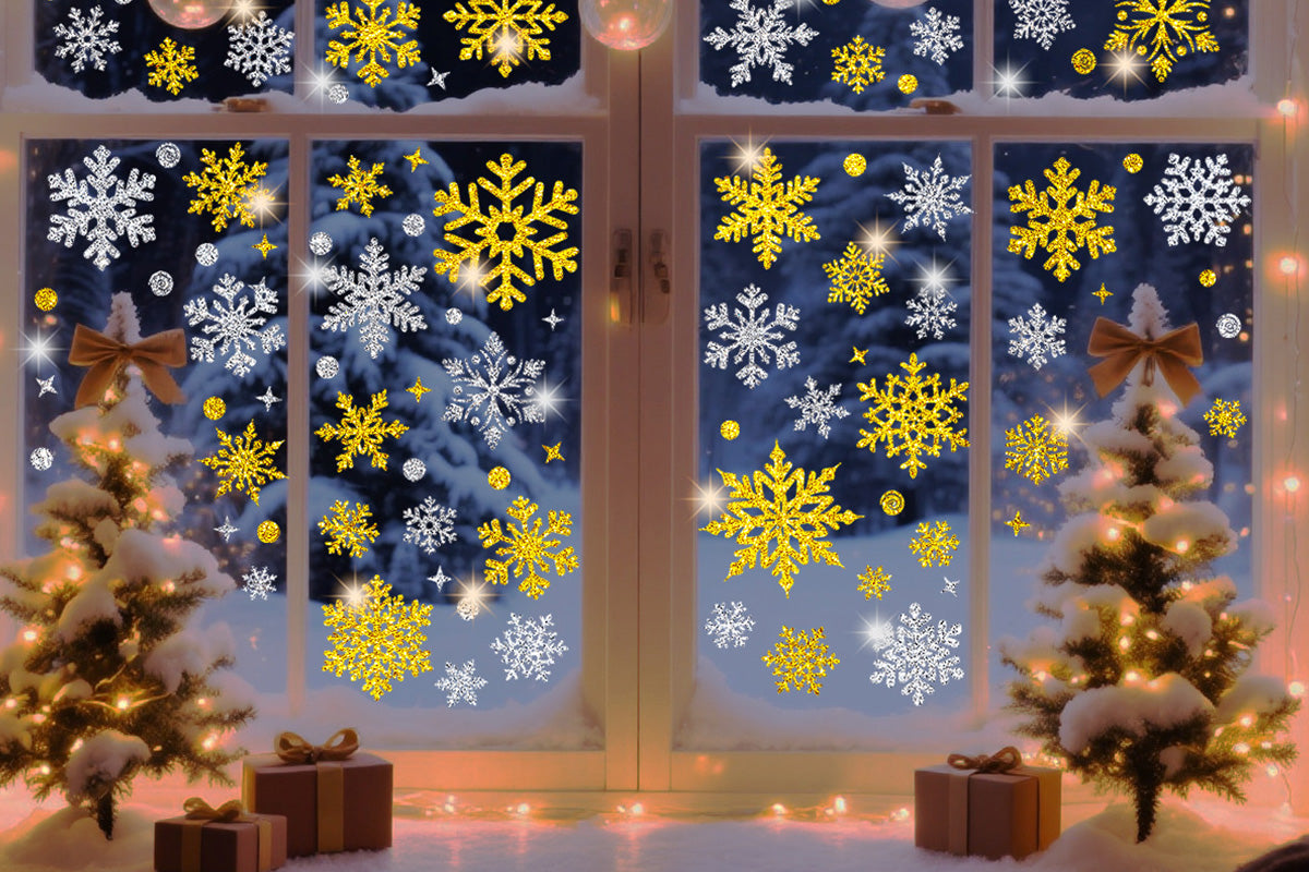Christmas Window Clings Snowflakes Static Stickers Gold Silver for Holiday Decorations
