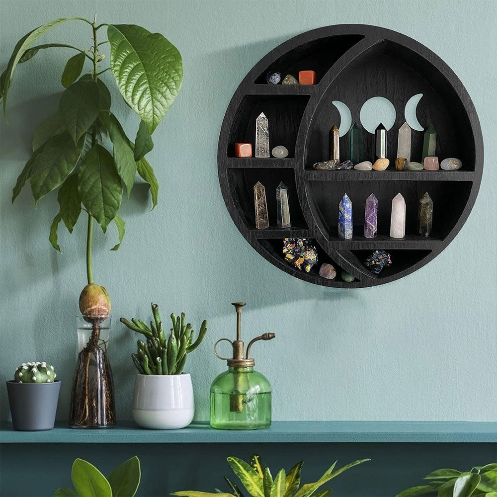 Wooden Shelf Halloween Crystal Display Shelf Decor-Round Moon