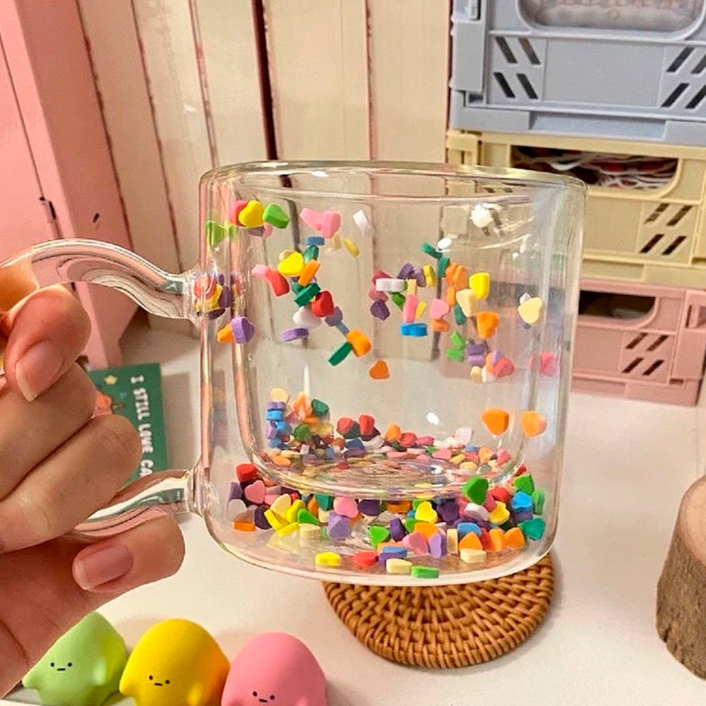 Double Wall Glass Cup with Colorful Love Granule Fillings