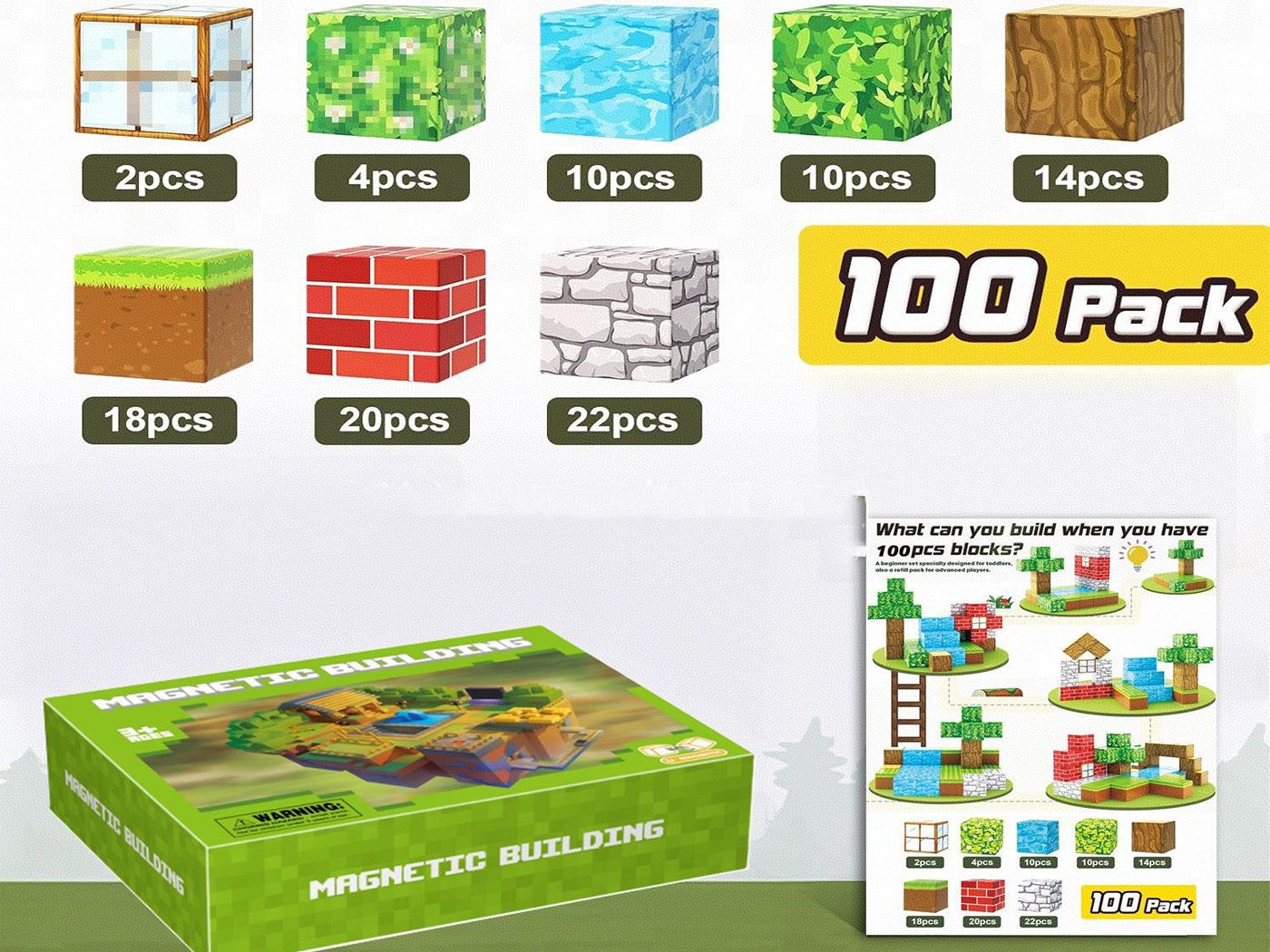 100 Pieces Set Minecraft Inspired Primitive Forest Theme Magnetic Blocks Building Toys