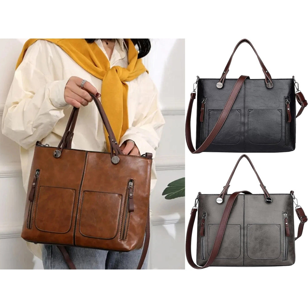 Vintage PU Leather Shoulder Tote Bag with Large Capacity for Women