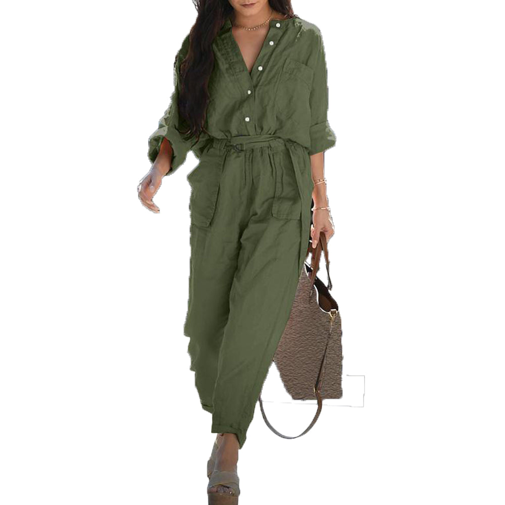 Women's Tie Waist Cargo Jumpsuit Long Sleeve Button Down Romper Overalls