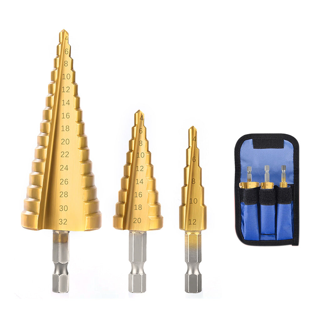 3 Piece Bearing Steel Titanium Coated Conical Step Drill Bit Set