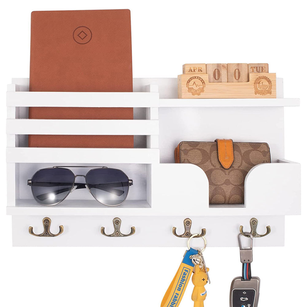 Wooden Key and Mail Holder for Wall Mail Organizer Wall Mount with 4 Hooks