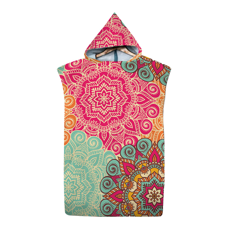 74*110cm Hooded Poncho Bathrobe Mandala Changing Robe Towel Beach Bath Quick Dry