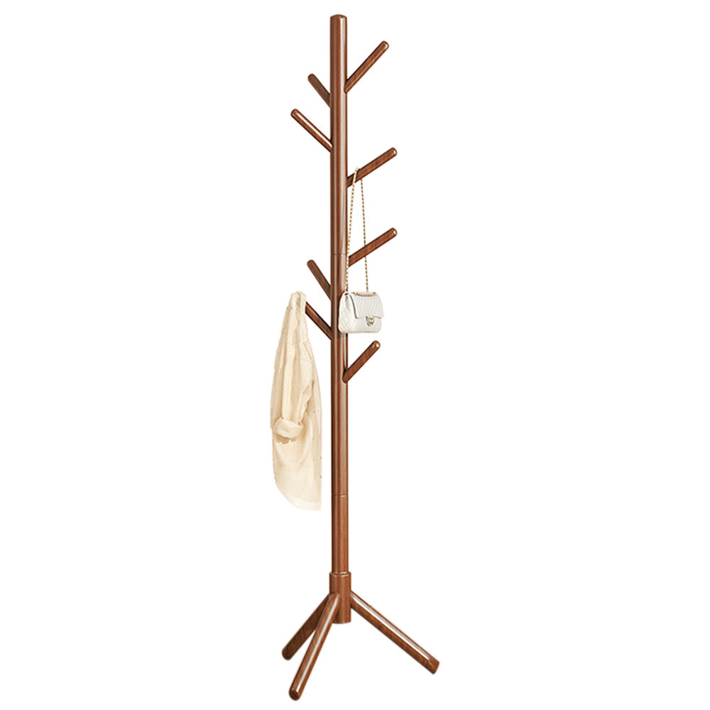 Solid Wood Freestanding Coat Rack with 8 Hooks Tripod Base for Bedroom Entryway