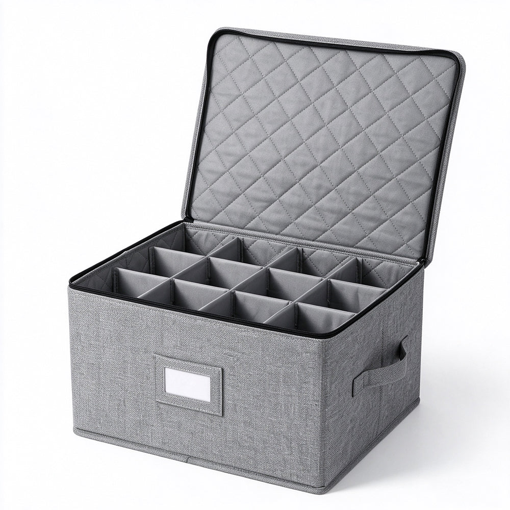 12 Compartment Quilted Fabric Wine Glass Storage Box with Dividers
