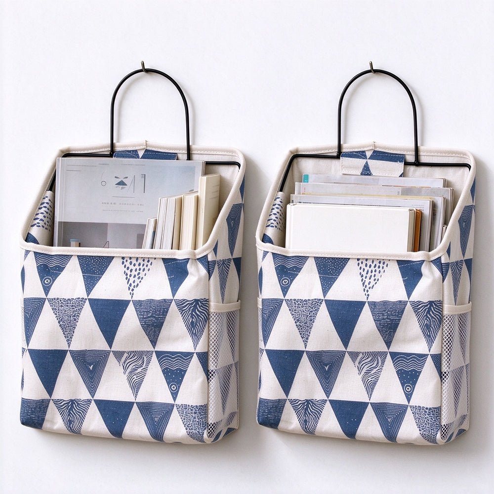 2 Pack Fabric Wall Hanging Storage Bags with Iron Hooks and Mesh Pockets