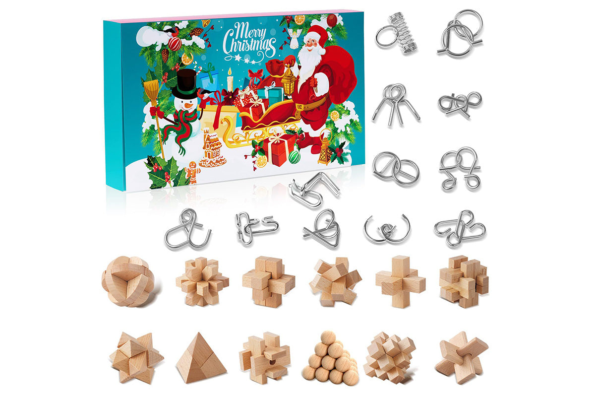 24PCS Brain Teaser Christmas Advent Calendar With 3D Stainless Steel Puzzle And Burr Puzzle