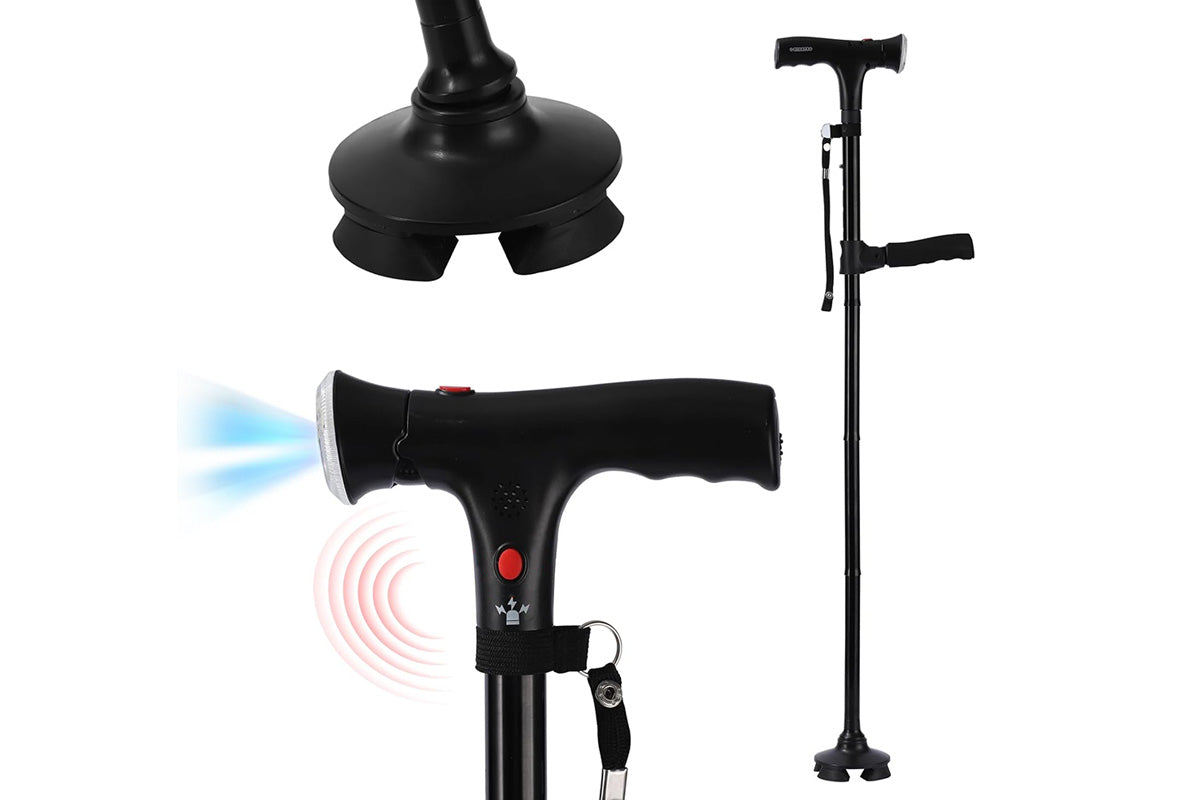 Walking Cane with LED Light Alarm Adjustable Dual Handles for Seniors and Adults