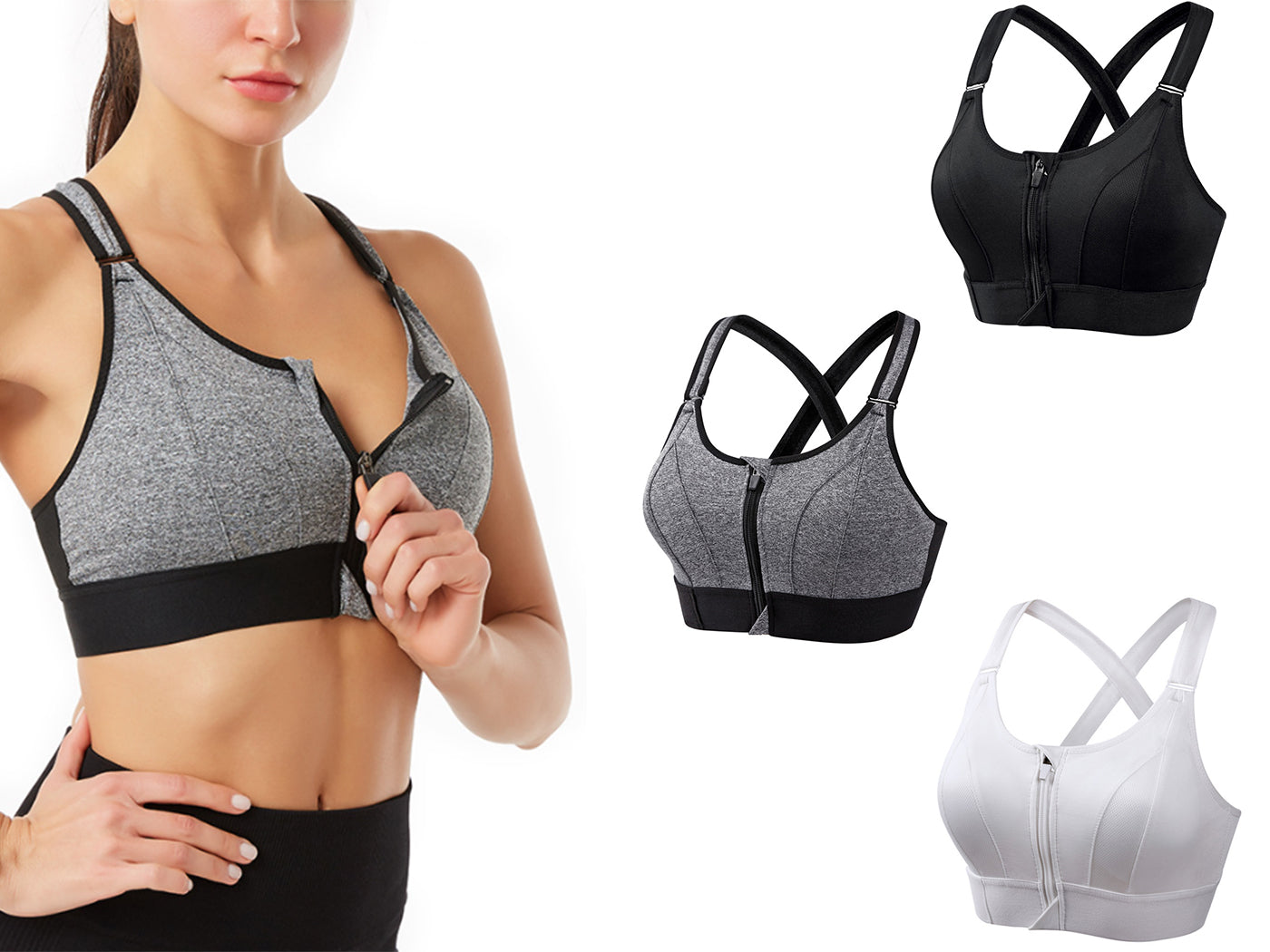 Adjustable Supportive Sports Bra with Front Zipper for Women