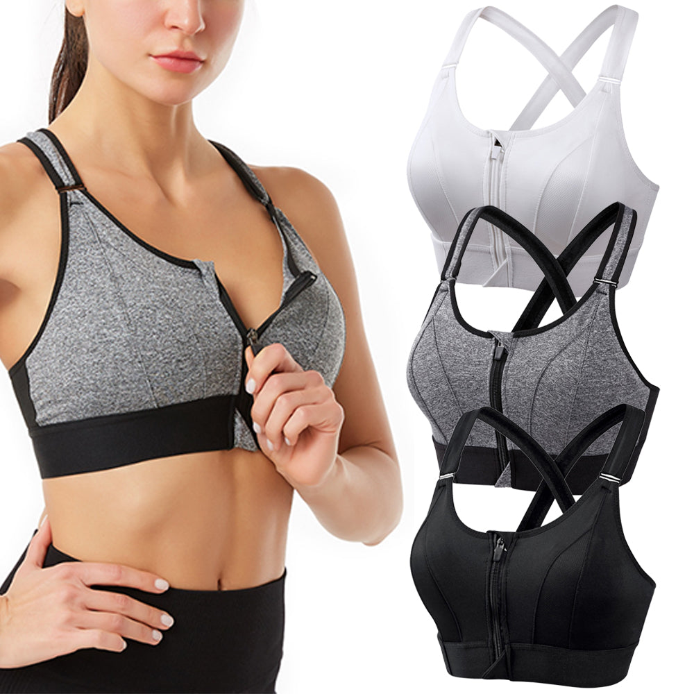 Adjustable Supportive Sports Bra with Front Zipper for Women-Black