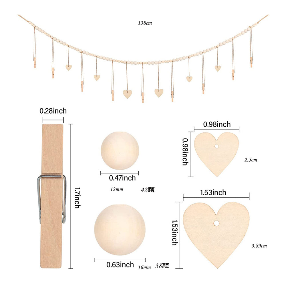 Wall Hanging Photo Display Wooden Beads Garland Photo Holders with 9 Wood Clips