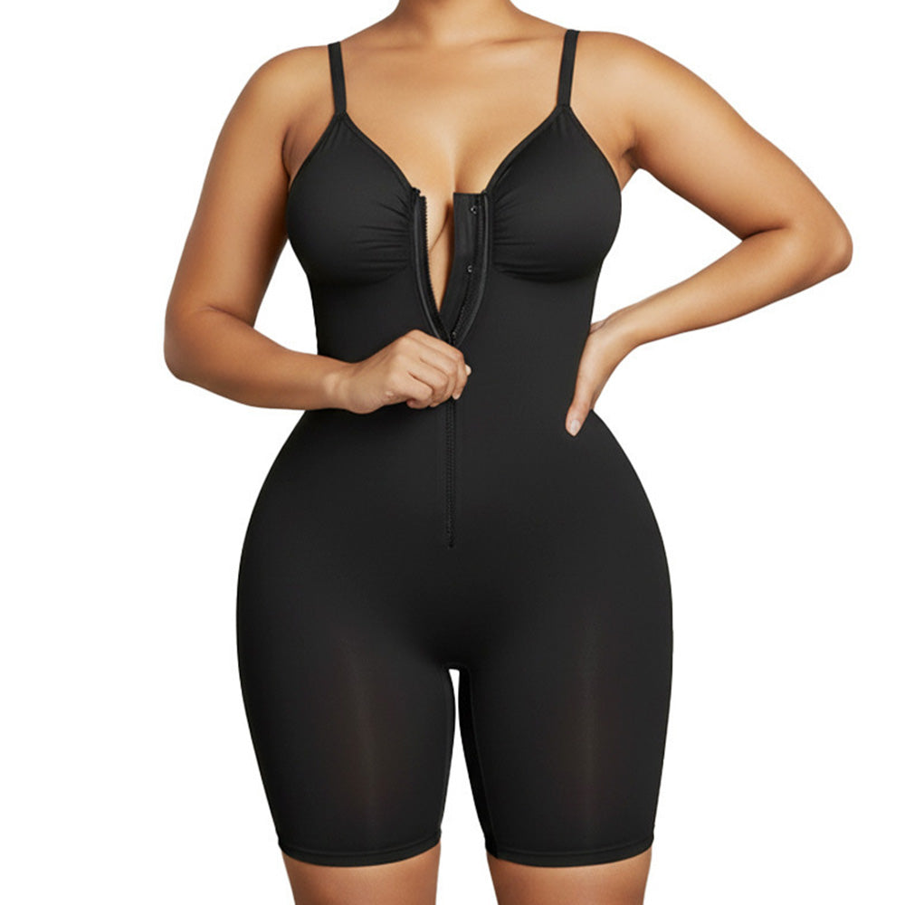 Seamless Shaping Bodysuit with Front Zipper Hook and Adjustable Straps-Black