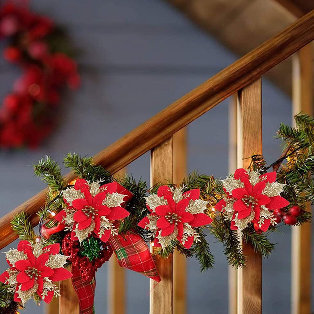12Pcs Christmas Glitter Poinsettia Artificial Flower with Clip and Stem
