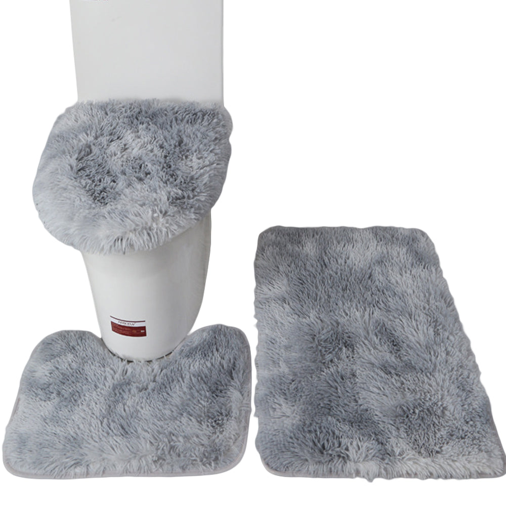 Washable 3pc Bathroom Mat Set Fluffy Toilet Cover Pedestal Rug Bath Mat