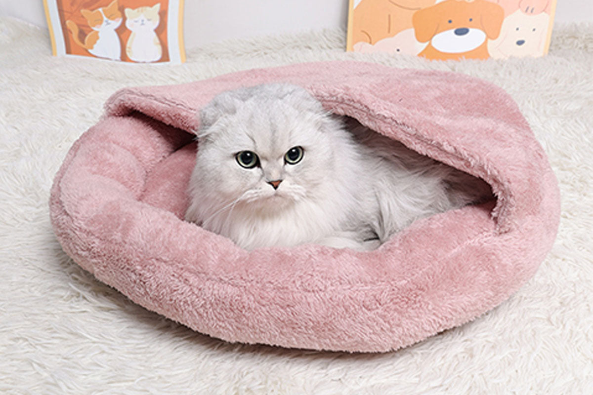 Semi-Enclosed Plush Pet Bed Calming Hooded Cat Small Dog Bed 60cm