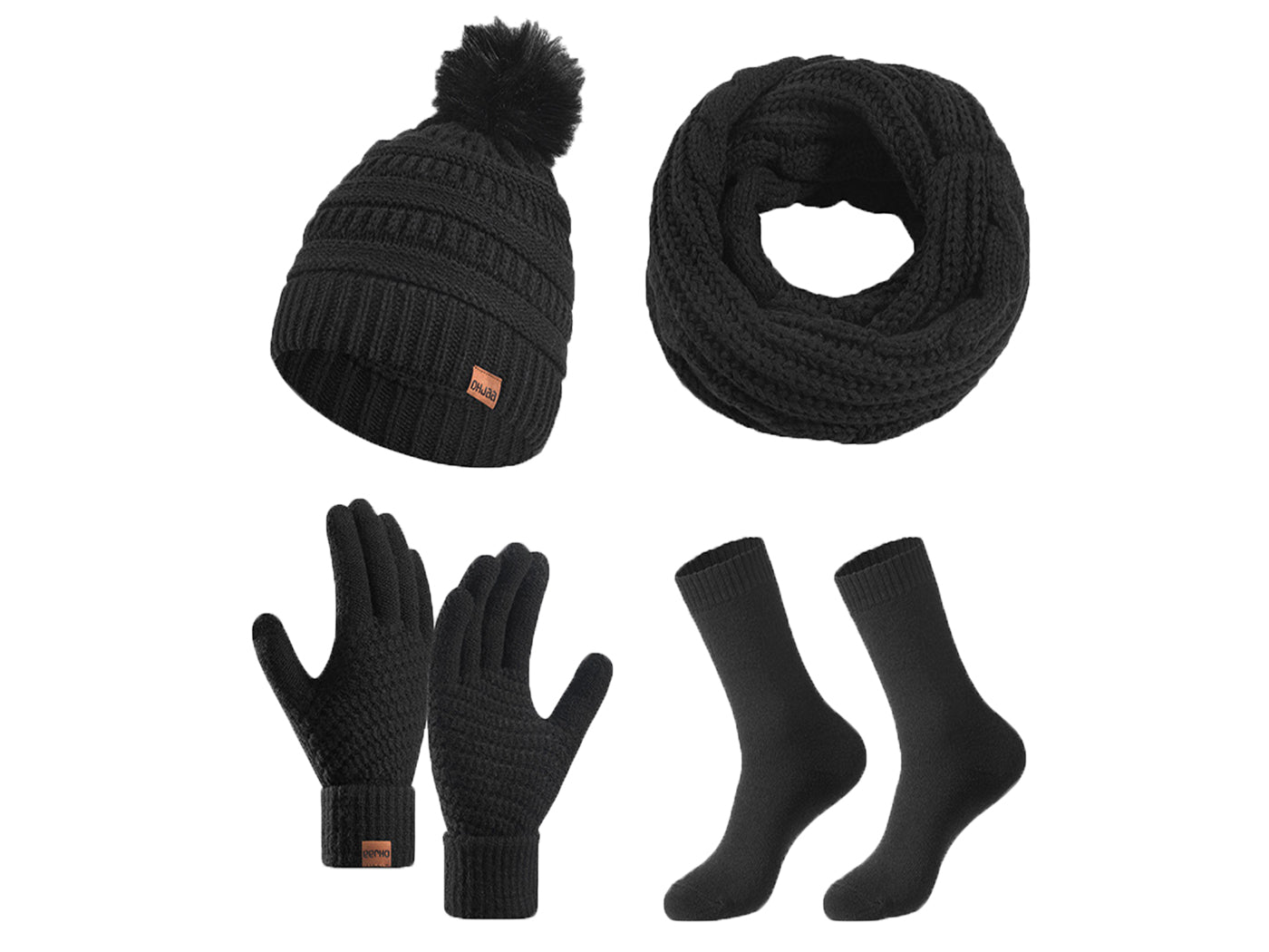 Winter Warm Knit Beanie Hat Scarf Touch Screen Gloves and Socks Set for Women