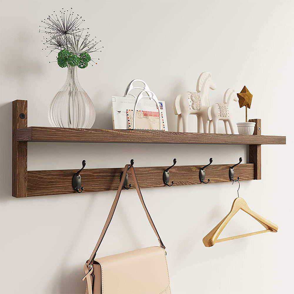 Wooden Coat Rack Wall Mount with Shelf 5 Hooks for Hanging Clothes
