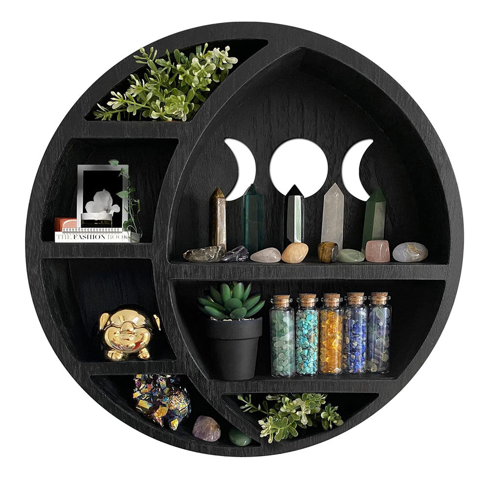 Wooden Shelf Halloween Crystal Display Shelf Decor-Round Moon
