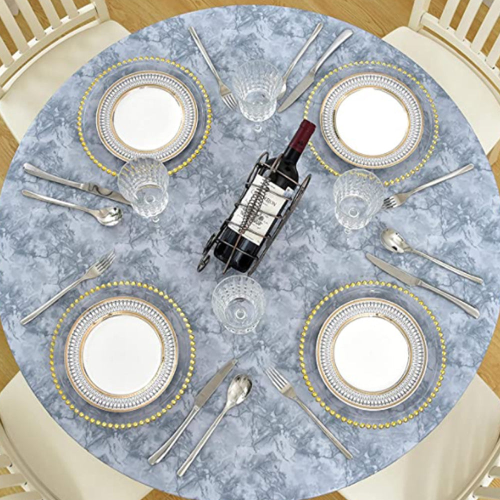 Waterproof Wipeable Elastic Edge Round PVC Print Tablecloth for Kitchen