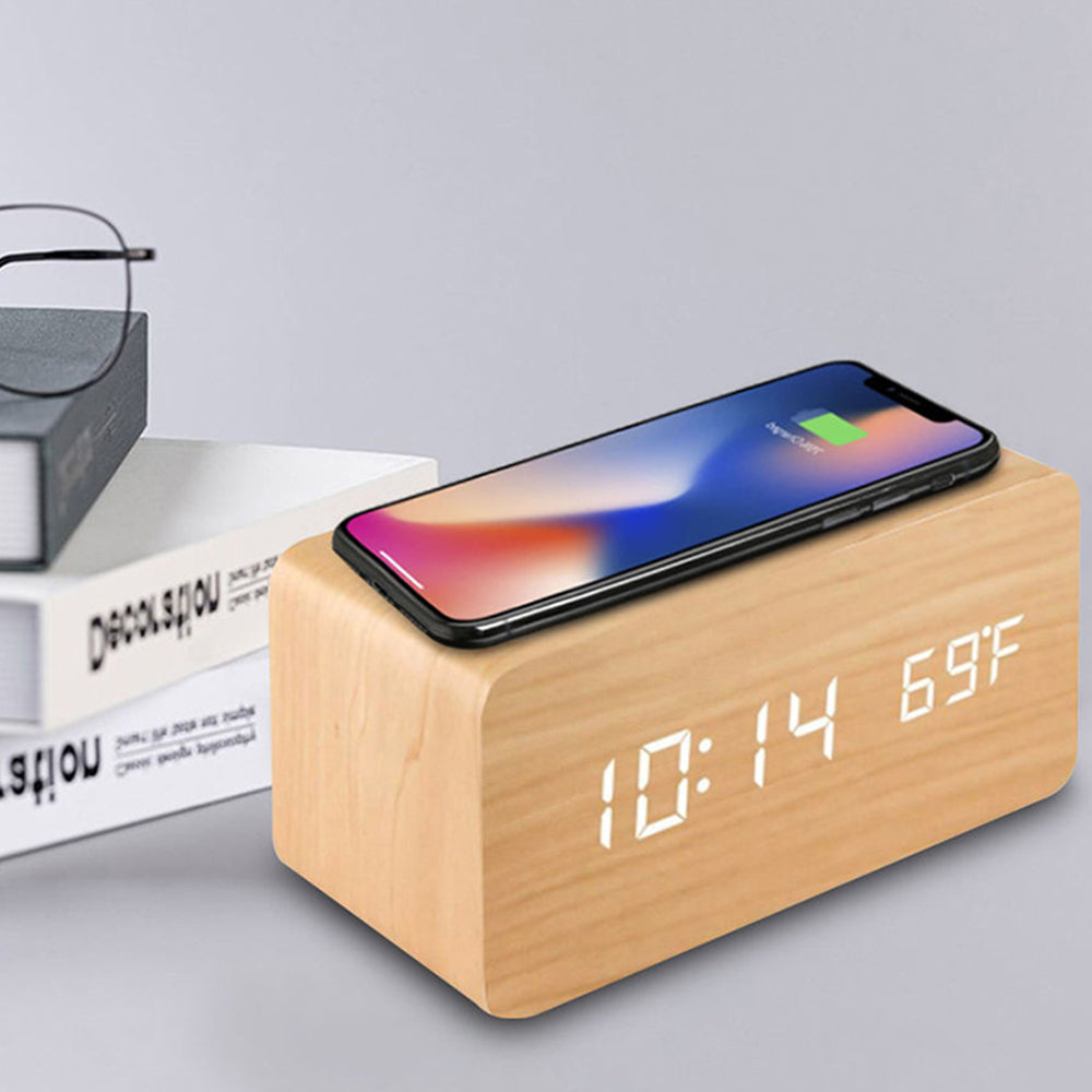 Wooden Digital Alarm Clock with Wireless Charger