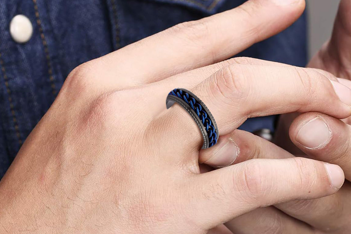 Fidget Rings Anxiety Spinner Rings Stainless Steel Chain Rings-Blue