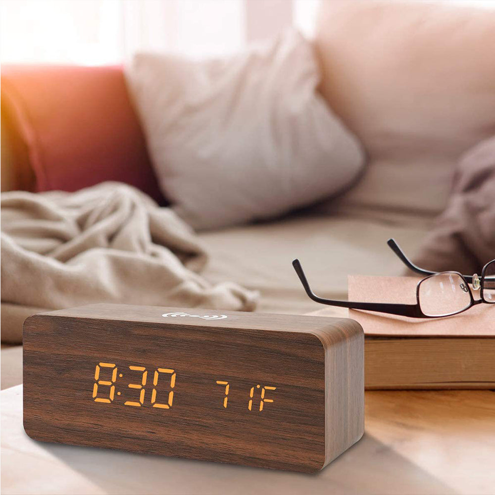 Wooden Digital Alarm Clock with Wireless Charger