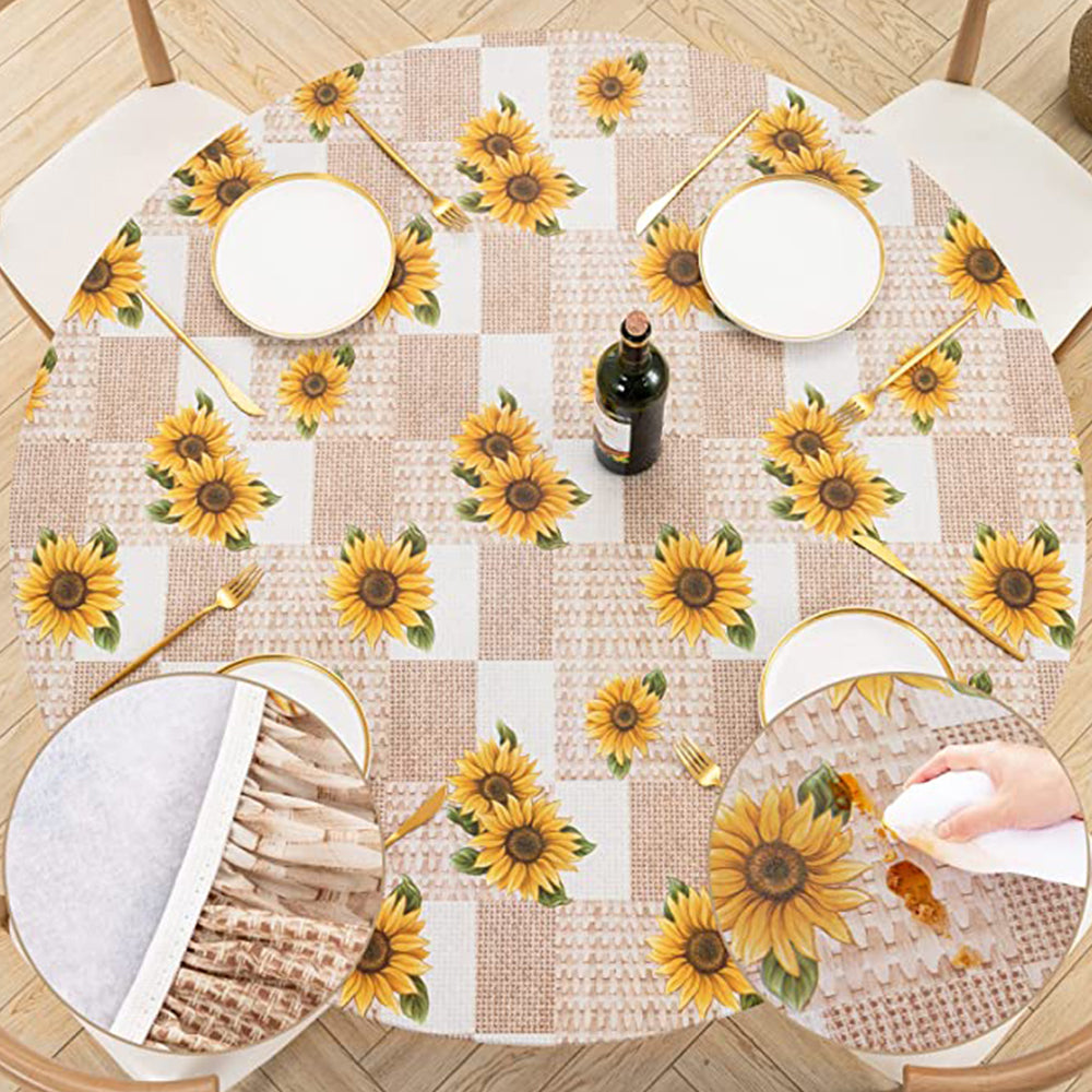 Waterproof Wipeable Elastic Edge Round PVC Print Tablecloth for Kitchen