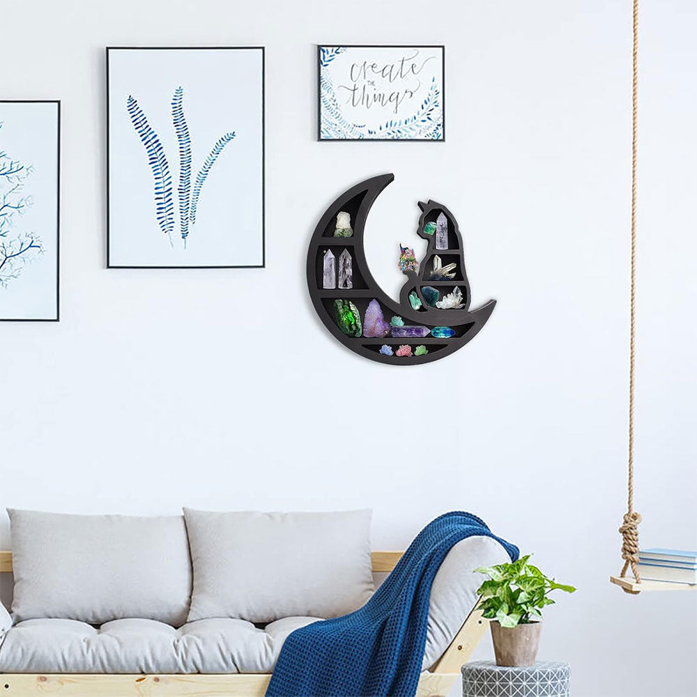 Wooden Shelf Halloween Crystal Display Shelf Decor-Cat in the Moon