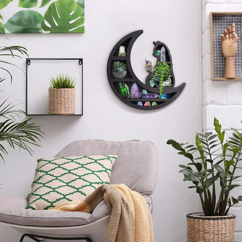 Wooden Shelf Halloween Crystal Display Shelf Decor-Cat in the Moon