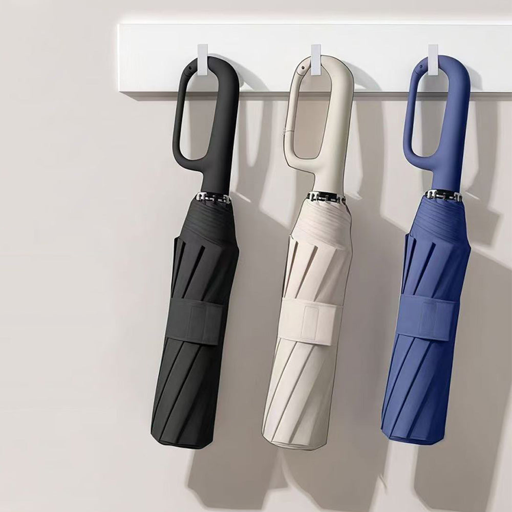 Automatic 10-Rib Folding Umbrella with Carabiner Handle Windproof