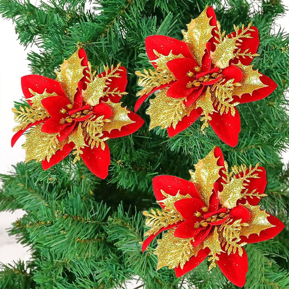 12Pcs Christmas Glitter Poinsettia Artificial Flower with Clip and Stem
