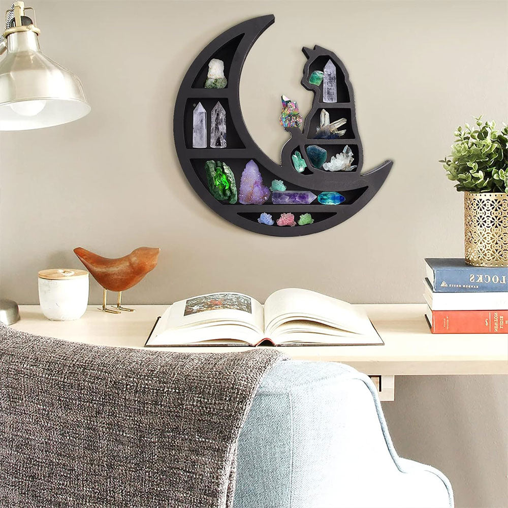 Wooden Shelf Halloween Crystal Display Shelf Decor-Cat in the Moon