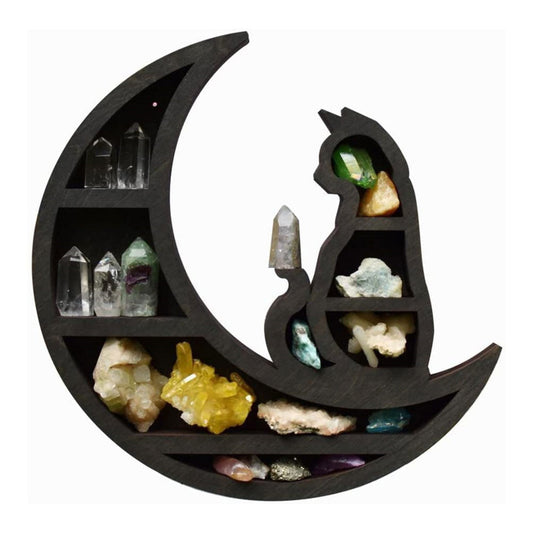 Wooden Shelf Halloween Crystal Display Shelf Decor-Cat in the Moon