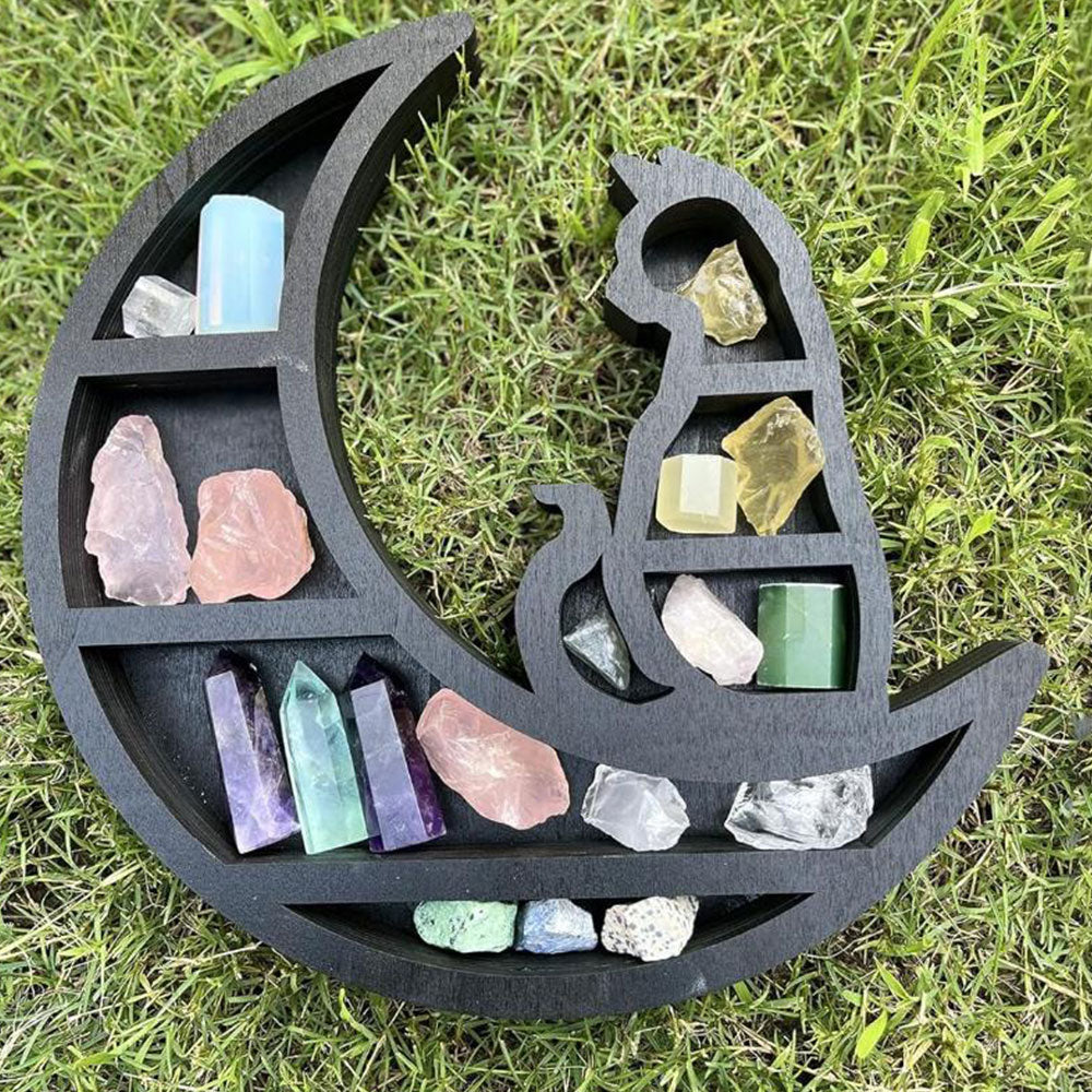 Wooden Shelf Halloween Crystal Display Shelf Decor-Cat in the Moon