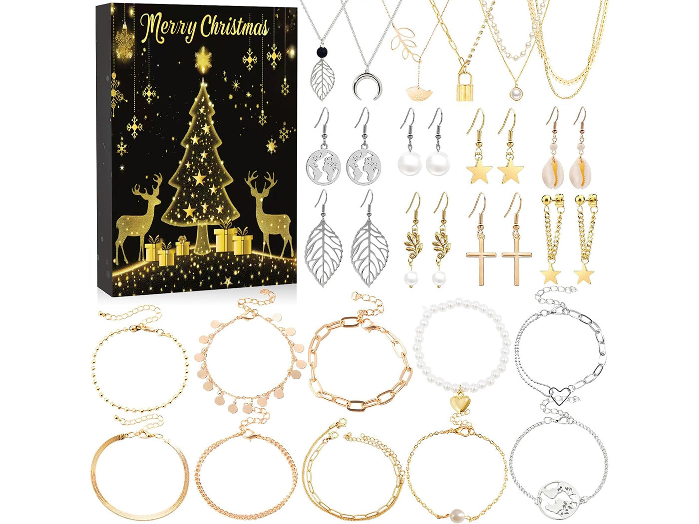 24 Days Countdown Jewelry Christmas Advent Calendar Bracelets Necklaces Earings Kit