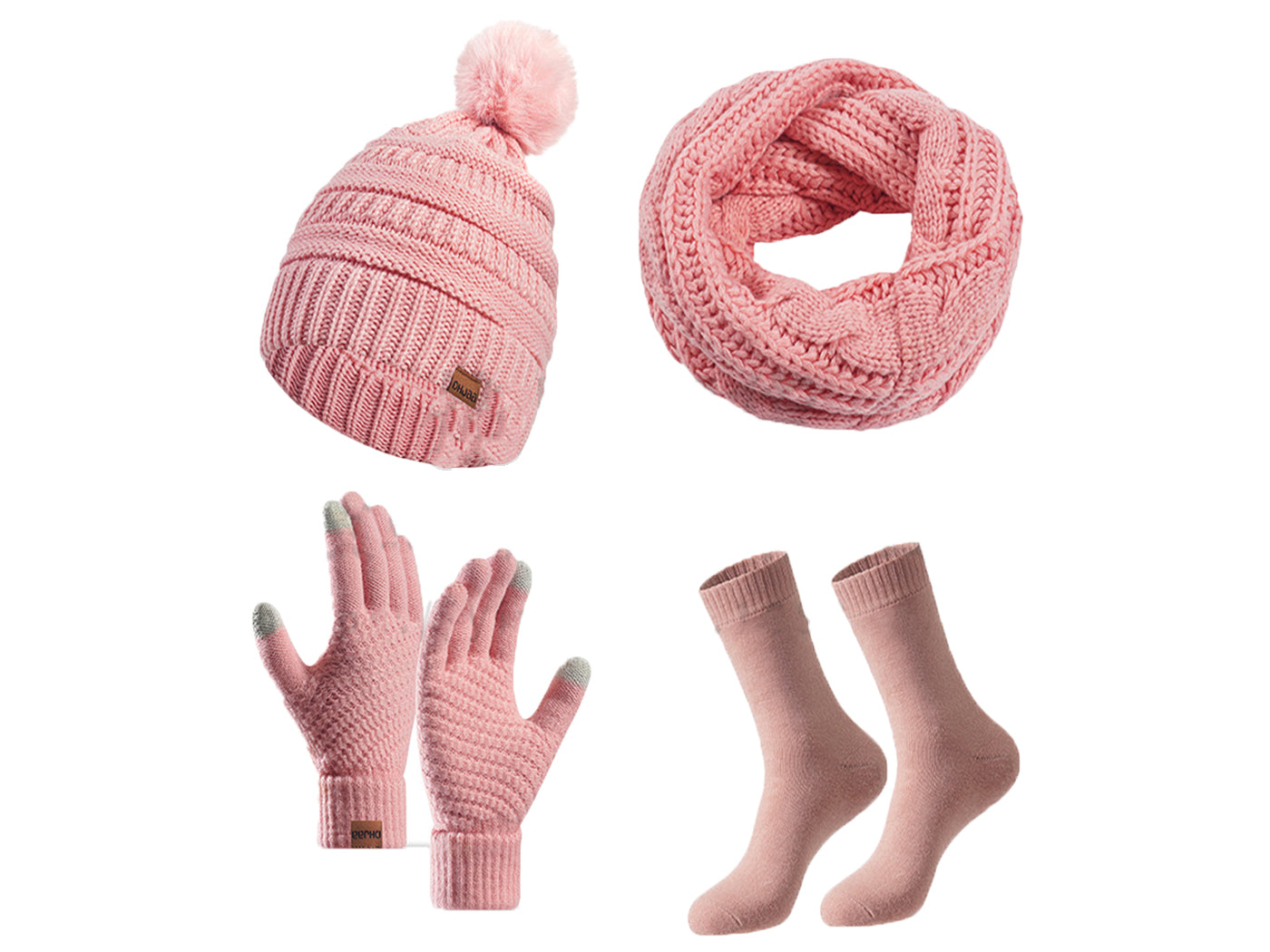 Winter Warm Knit Beanie Hat Scarf Touch Screen Gloves and Socks Set for Women