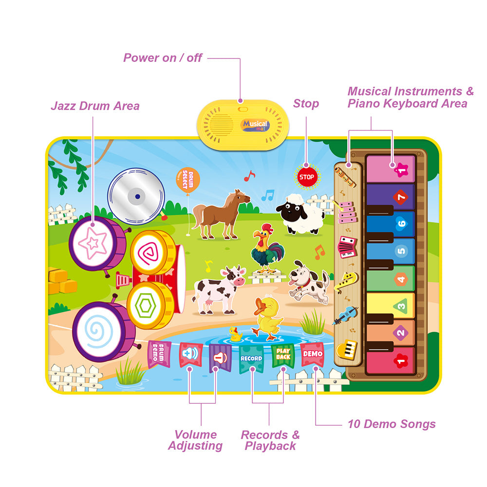 2 in 1 Animal Piano Drum Mat Music Touch Toys Music Mat With 6 Instrument Sounds