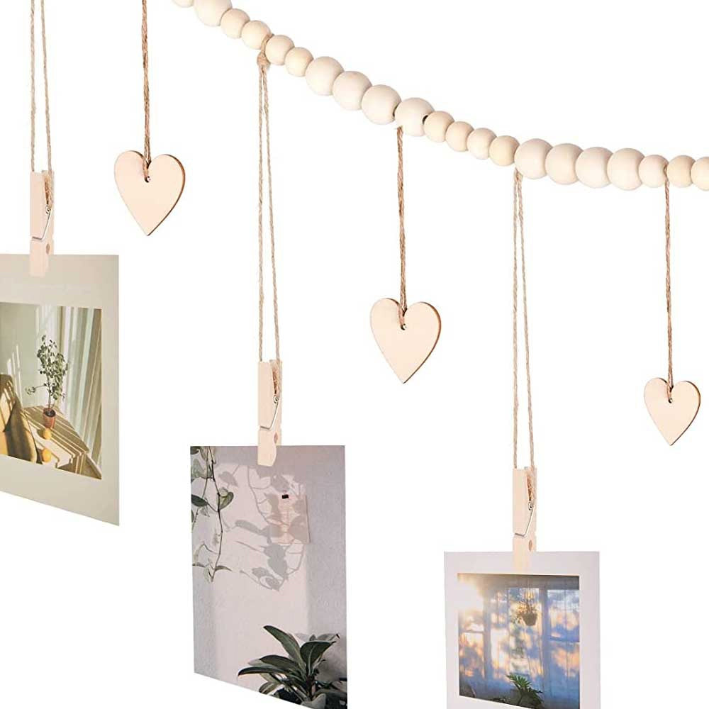 Wall Hanging Photo Display Wooden Beads Garland Photo Holders with 9 Wood Clips