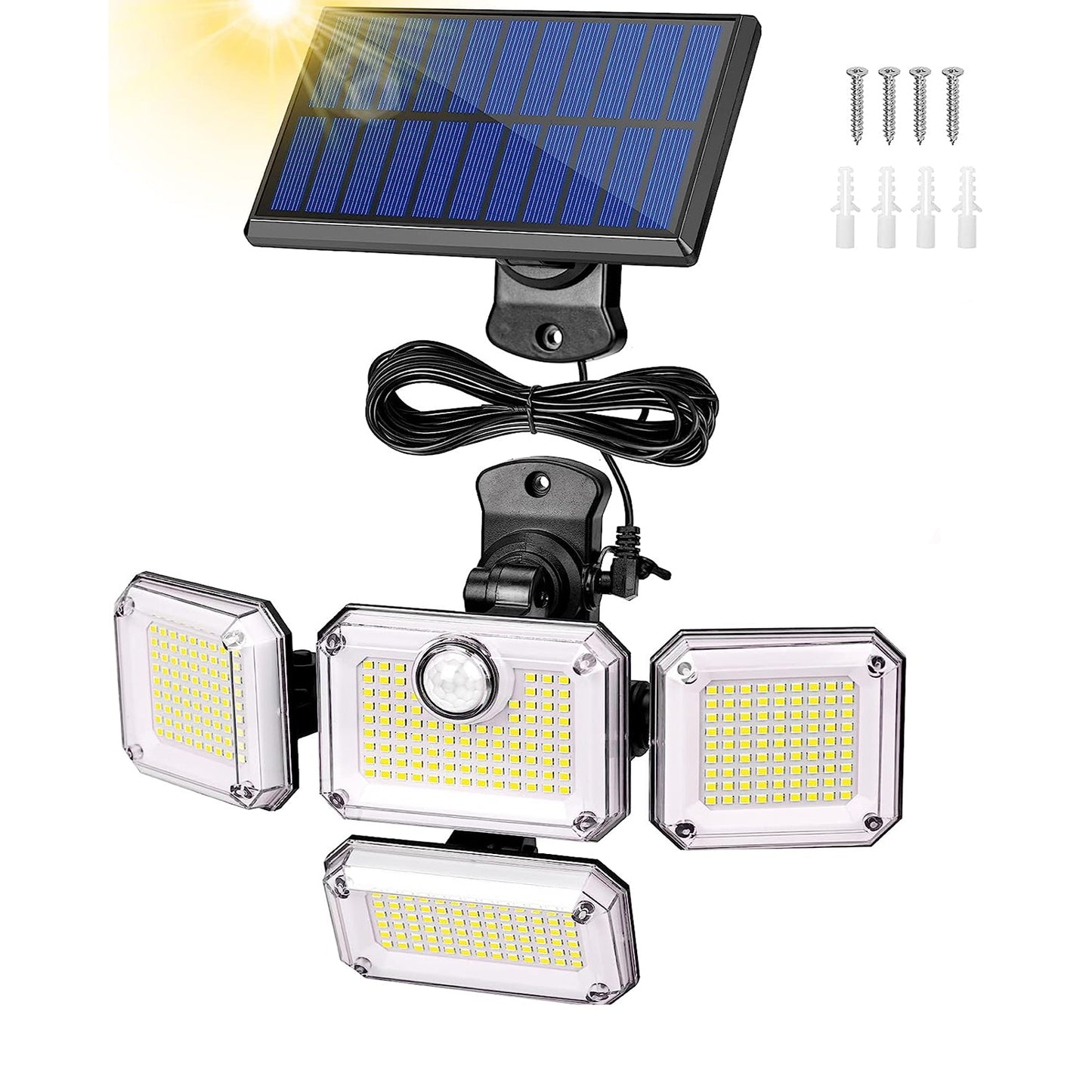 4 Heads Solar Motion Sensor Security Wall Lights -4 Heads with 5M Cable