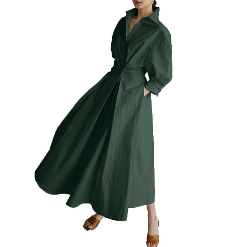 Women Elegant Cotton Lapel Shirt Dress